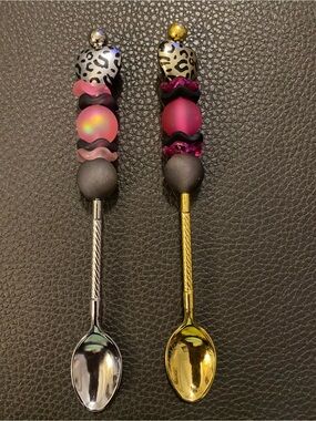Decorative Beaded Dessert Spoons - Pink & Black